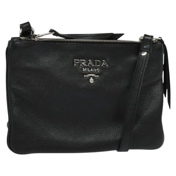 PRADA Shoulder Bag Leather Black Silver Auth - Picture 1 of 15